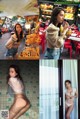 A collage of photos of a woman eating food in a restaurant.