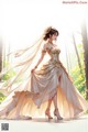 A woman in a wedding dress standing in the woods.