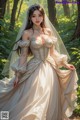 A woman in a wedding dress standing in the woods.