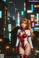 A woman in a red and white bodysuit standing in the middle of a city.