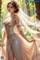 A woman in a wedding dress standing in the woods.