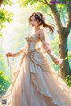 A woman in a wedding dress standing in the woods.